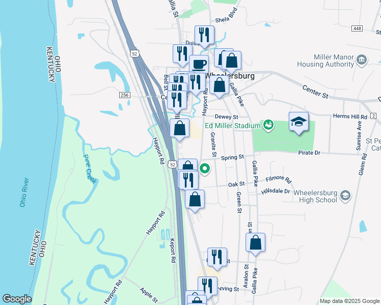map of restaurants, bars, coffee shops, grocery stores, and more near 8381 Hayport Road in Wheelersburg