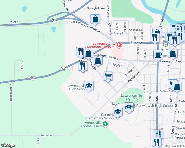 map of restaurants, bars, coffee shops, grocery stores, and more near 2401 James St in Lawrenceville