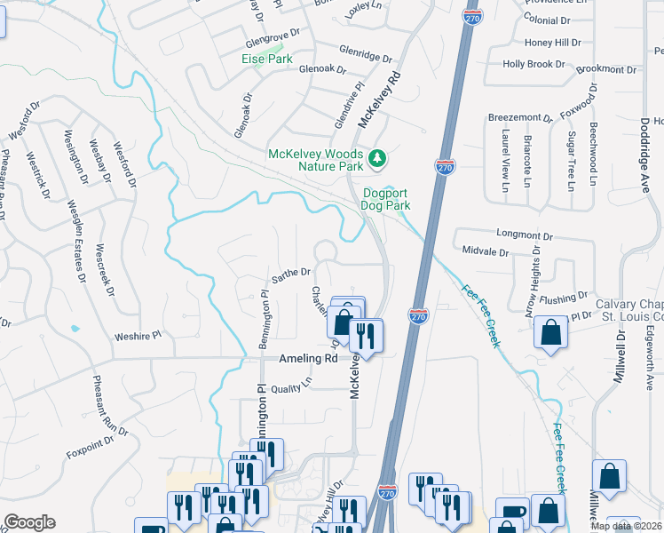 map of restaurants, bars, coffee shops, grocery stores, and more near 11869 Charlemagne Drive in Maryland Heights