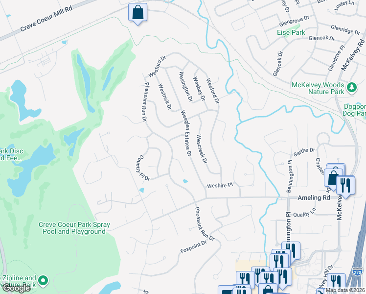 map of restaurants, bars, coffee shops, grocery stores, and more near 2387 Wesglen Estates Drive in Maryland Heights