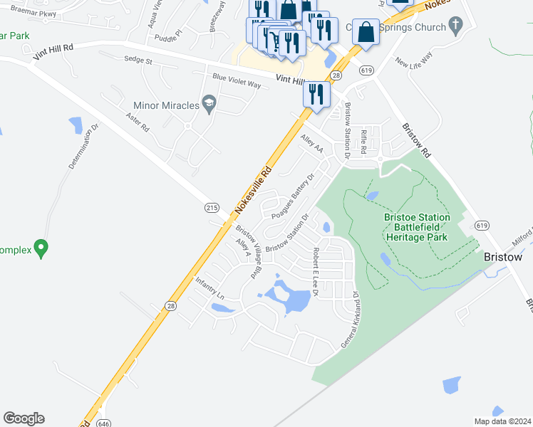 map of restaurants, bars, coffee shops, grocery stores, and more near 10608 Poagues Battery Drive in Bristow