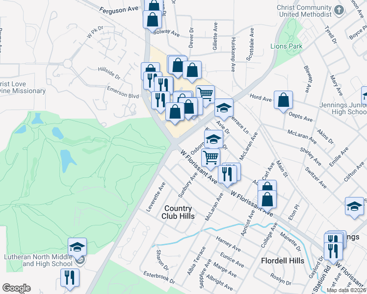 map of restaurants, bars, coffee shops, grocery stores, and more near 7557 West Florissant Avenue in St. Louis