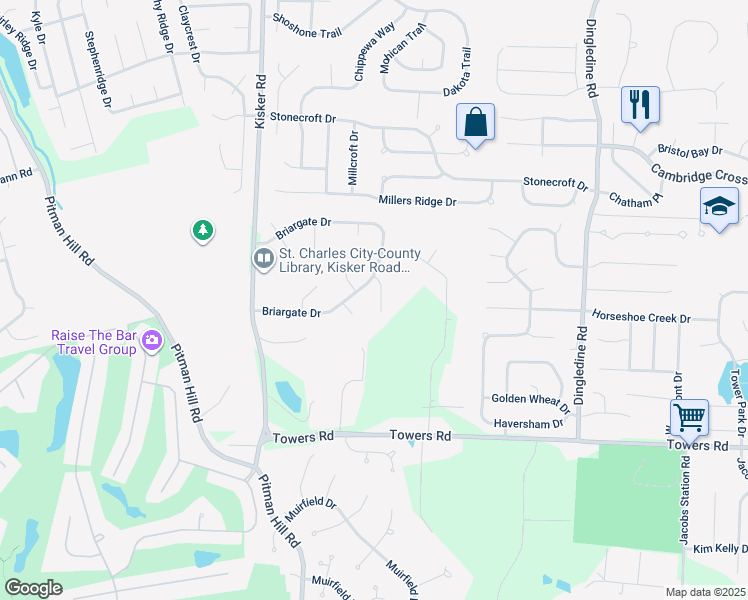map of restaurants, bars, coffee shops, grocery stores, and more near 8 Sheffield Court in Saint Charles