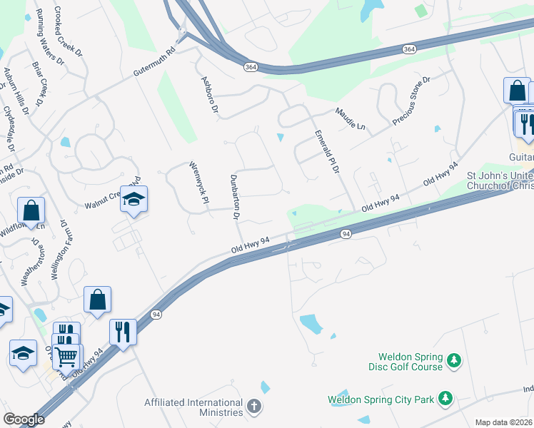 map of restaurants, bars, coffee shops, grocery stores, and more near 5608 Grinnell Court in Weldon Spring