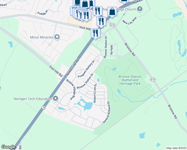 map of restaurants, bars, coffee shops, grocery stores, and more near 10613 Bristow Station Drive in Bristow