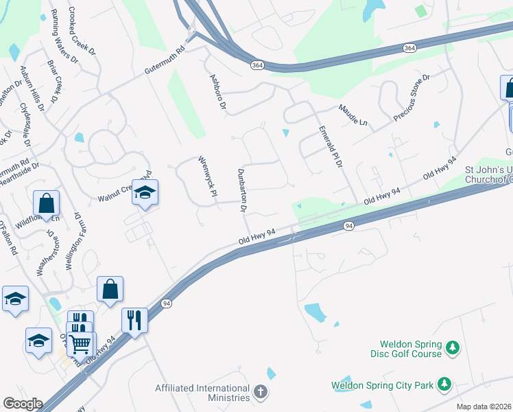 map of restaurants, bars, coffee shops, grocery stores, and more near 5608 Grinnell Court in Weldon Spring