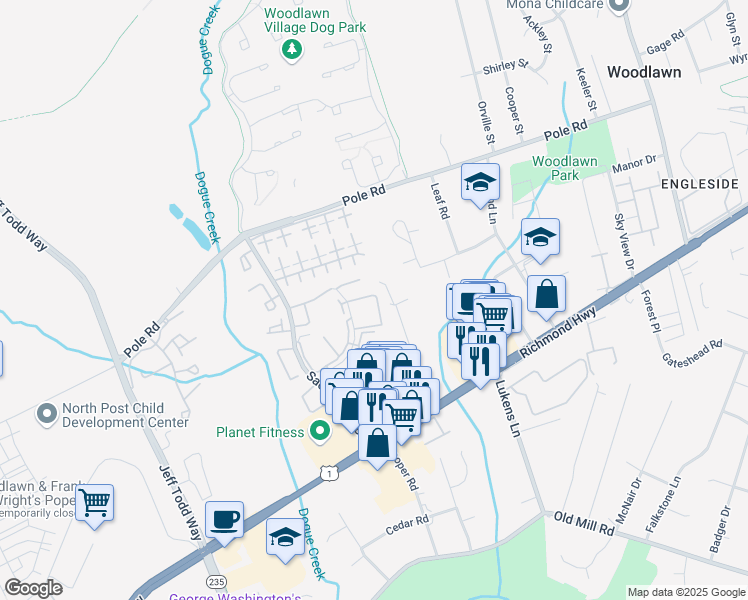 map of restaurants, bars, coffee shops, grocery stores, and more near 8620 Village Square Drive in Alexandria