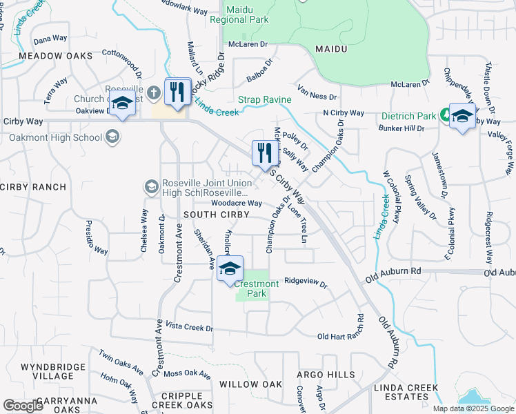 map of restaurants, bars, coffee shops, grocery stores, and more near 1834 Woodacre Way in Roseville