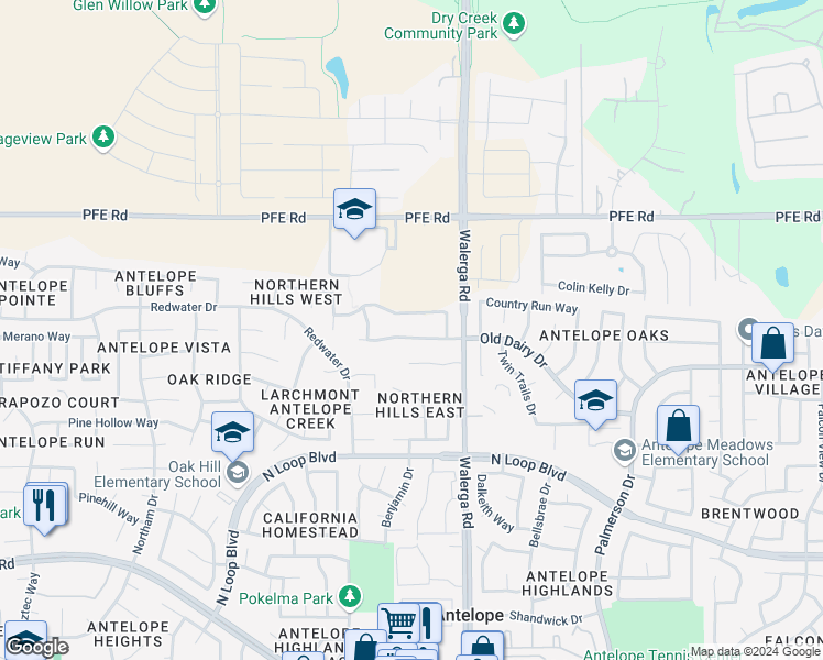 map of restaurants, bars, coffee shops, grocery stores, and more near 4203 Singing Tree Way in Antelope