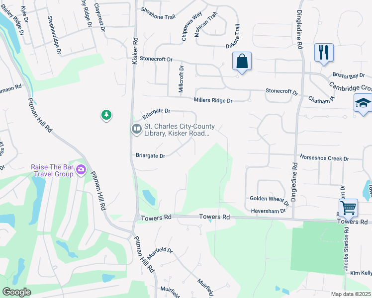 map of restaurants, bars, coffee shops, grocery stores, and more near 8 Sheffield Court in Saint Charles