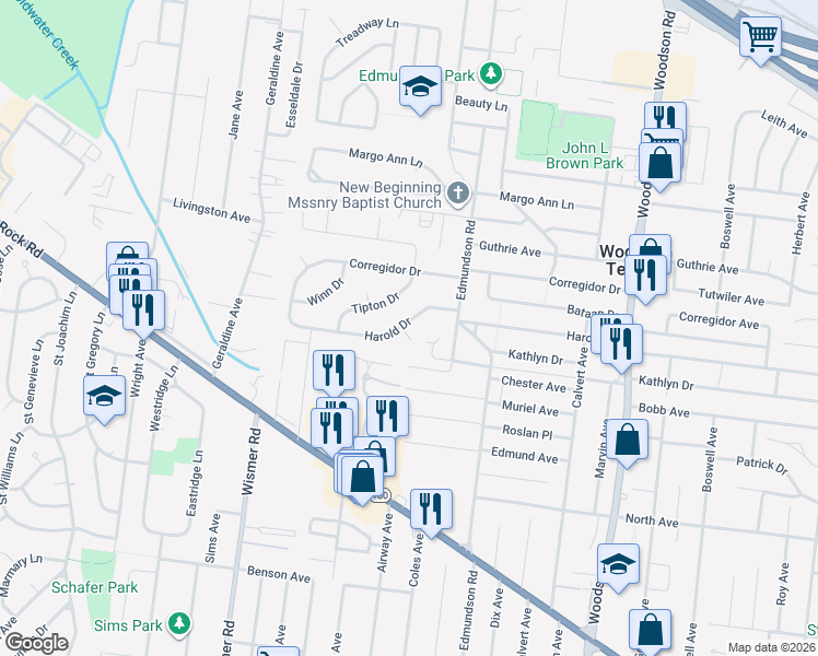 map of restaurants, bars, coffee shops, grocery stores, and more near 9642 Amity Court in St. Louis