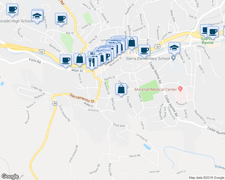 map of restaurants, bars, coffee shops, grocery stores, and more near 806 Blue Bell Court in Placerville