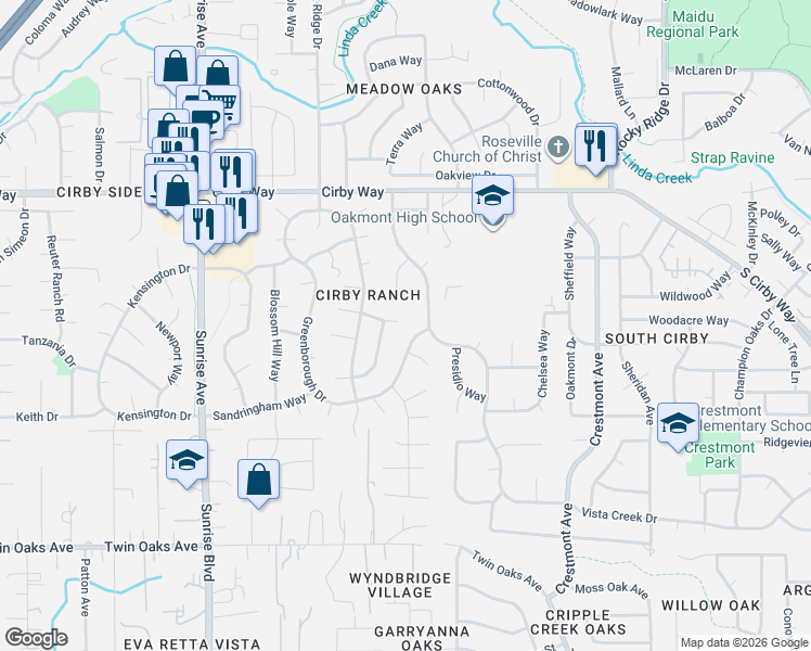 map of restaurants, bars, coffee shops, grocery stores, and more near 1307 Kinghurst Drive in Roseville