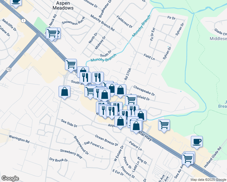 map of restaurants, bars, coffee shops, grocery stores, and more near 18936 Munchy Branch Road in Rehoboth Beach