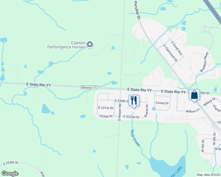 map of restaurants, bars, coffee shops, grocery stores, and more near Missouri YY in Peculiar