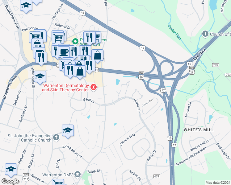 map of restaurants, bars, coffee shops, grocery stores, and more near 40 Morton Ridge in Warrenton