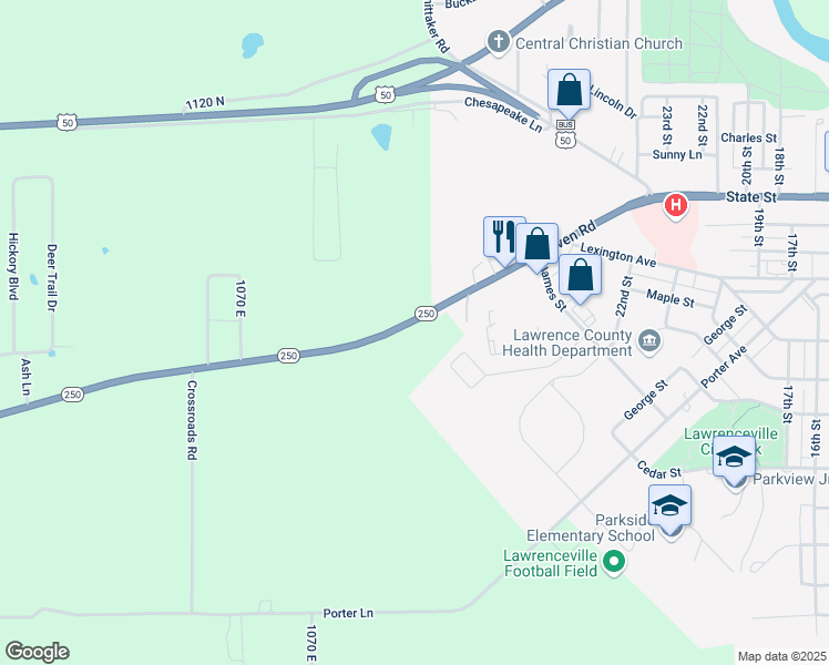 map of restaurants, bars, coffee shops, grocery stores, and more near 11020 Illinois 250 in Lawrenceville