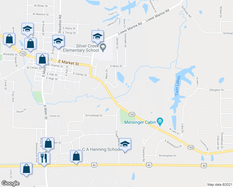 map of restaurants, bars, coffee shops, grocery stores, and more near 406 East Center Street in Troy