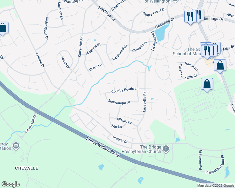 map of restaurants, bars, coffee shops, grocery stores, and more near 9519 Country Roads Lane in Manassas