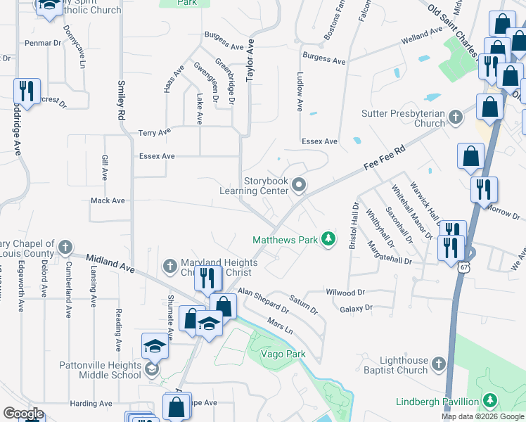 map of restaurants, bars, coffee shops, grocery stores, and more near 3115 Edwards Place in Maryland Heights