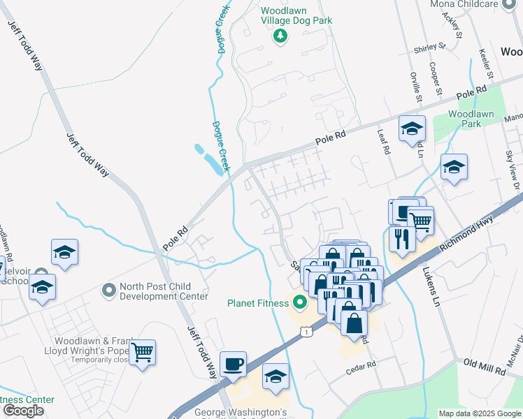 map of restaurants, bars, coffee shops, grocery stores, and more near 8575 Southlawn Court in Alexandria