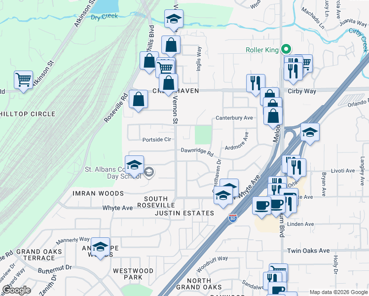 map of restaurants, bars, coffee shops, grocery stores, and more near 424 Dawnridge Road in Roseville