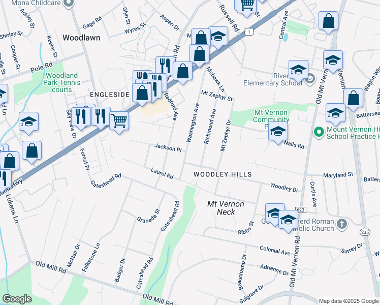 map of restaurants, bars, coffee shops, grocery stores, and more near 8525 Washington Avenue in Alexandria