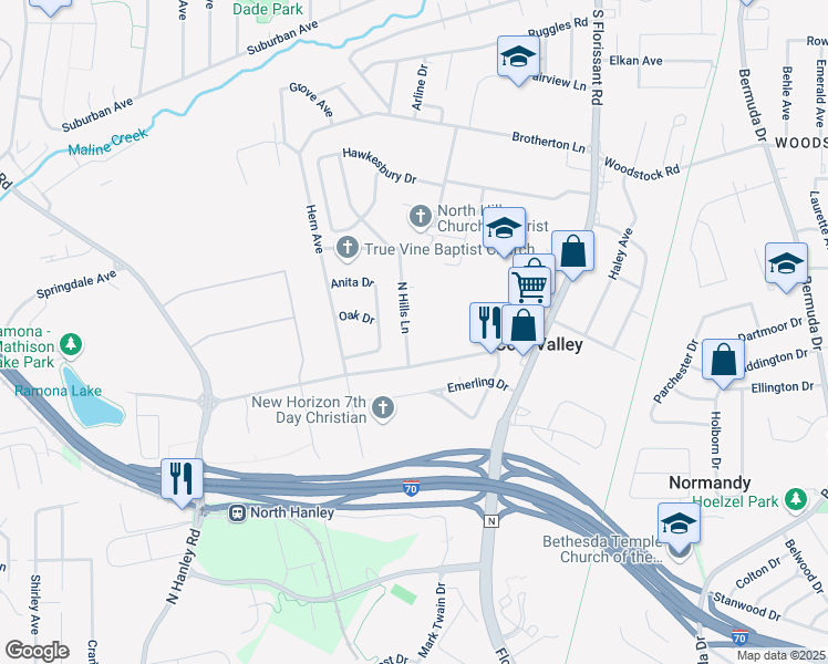 map of restaurants, bars, coffee shops, grocery stores, and more near 4724 North Hills Lane in Saint Louis