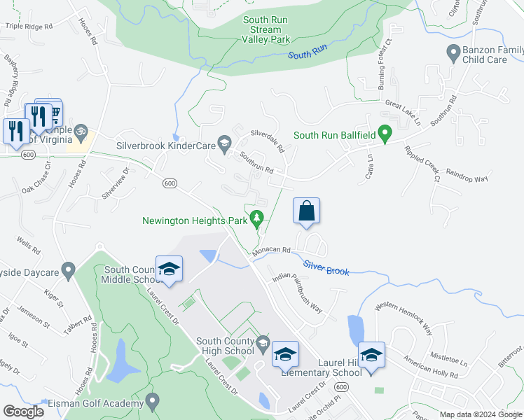 map of restaurants, bars, coffee shops, grocery stores, and more near 8511 Golden Ridge Court in Lorton