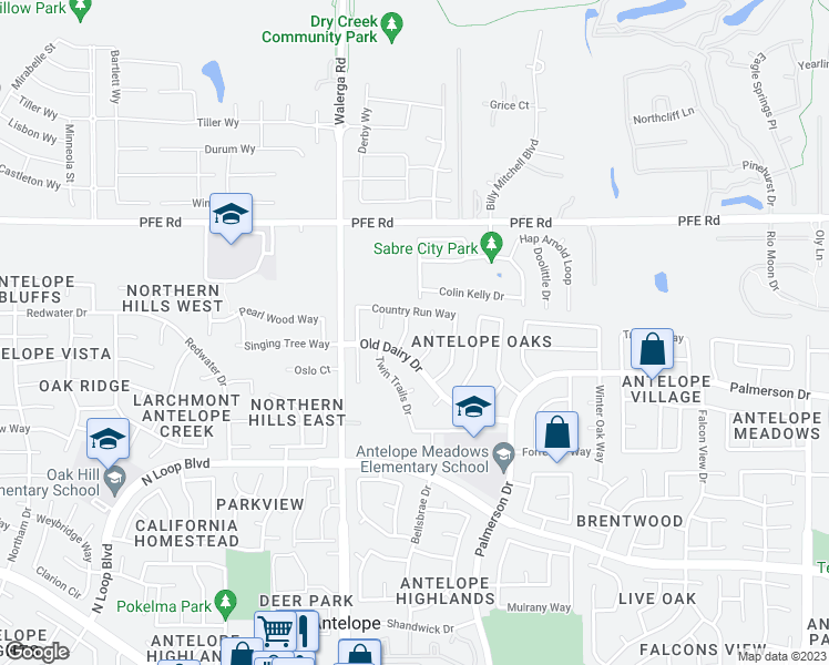 map of restaurants, bars, coffee shops, grocery stores, and more near 8616 Valley Rim Way in Sacramento