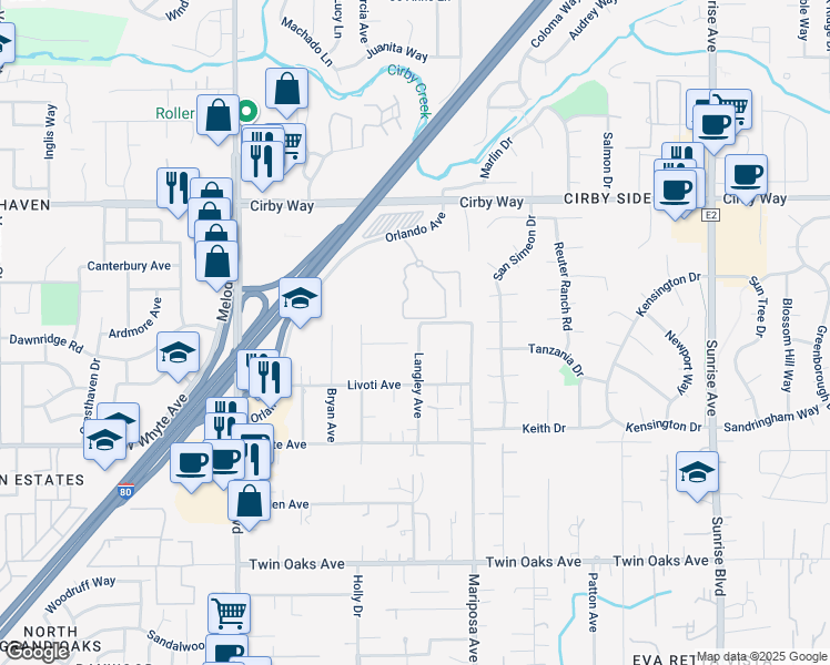 map of restaurants, bars, coffee shops, grocery stores, and more near 539 Roseville Ridge Court in Roseville