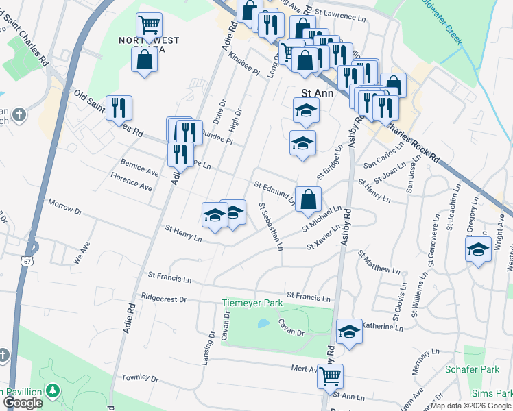 map of restaurants, bars, coffee shops, grocery stores, and more near 3629 Saint Sebastian Lane in Saint Ann