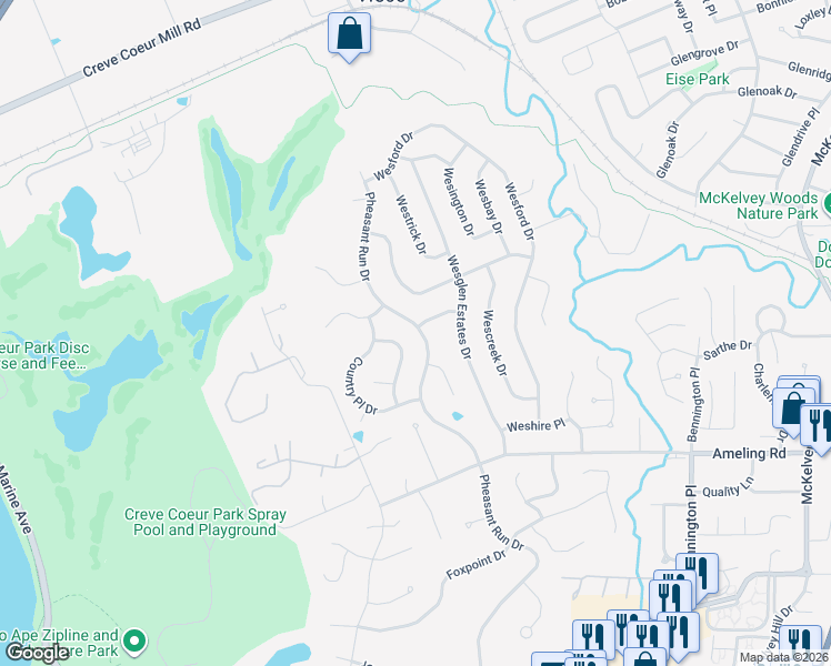 map of restaurants, bars, coffee shops, grocery stores, and more near 2435 Pheasant Run Drive in Maryland Heights