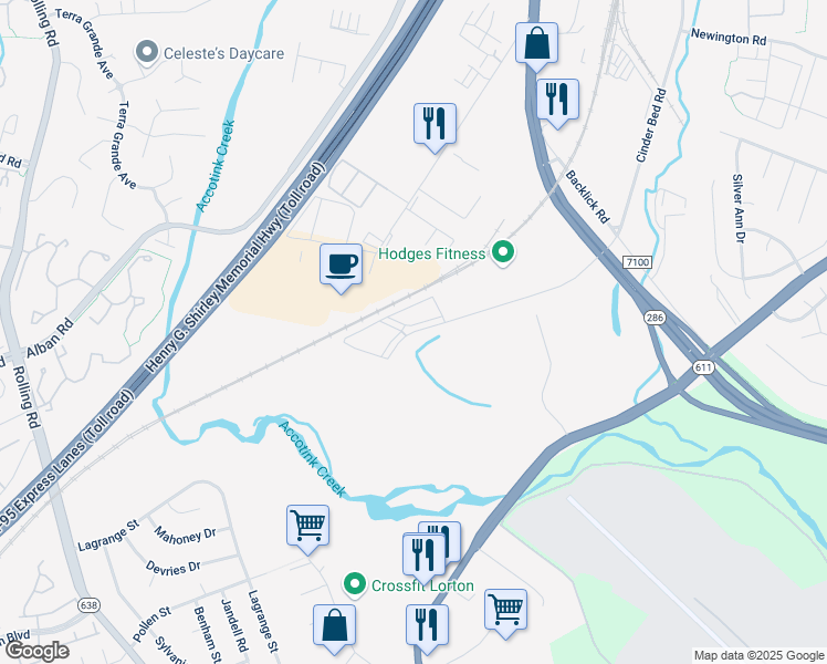 map of restaurants, bars, coffee shops, grocery stores, and more near Cinder Bed Road in Lorton