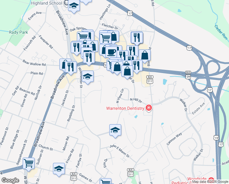 map of restaurants, bars, coffee shops, grocery stores, and more near 239 West Ridge Court in Warrenton