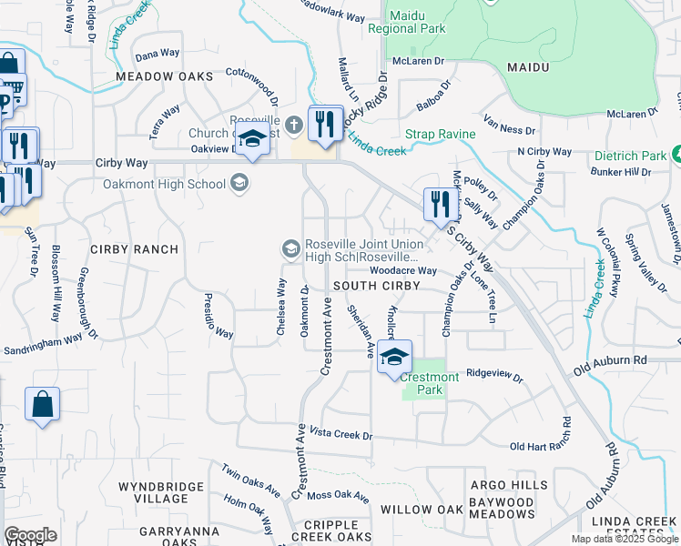 map of restaurants, bars, coffee shops, grocery stores, and more near 1322 Sheridan Avenue in Roseville