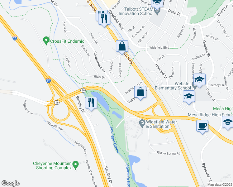 map of restaurants, bars, coffee shops, grocery stores, and more near 7470 Southmoor Drive in Fountain