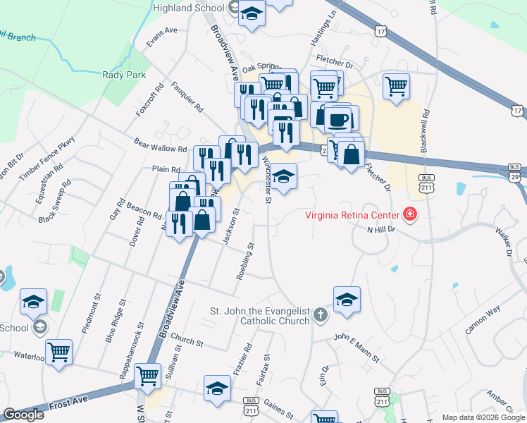 map of restaurants, bars, coffee shops, grocery stores, and more near 490 Winchester Street in Warrenton