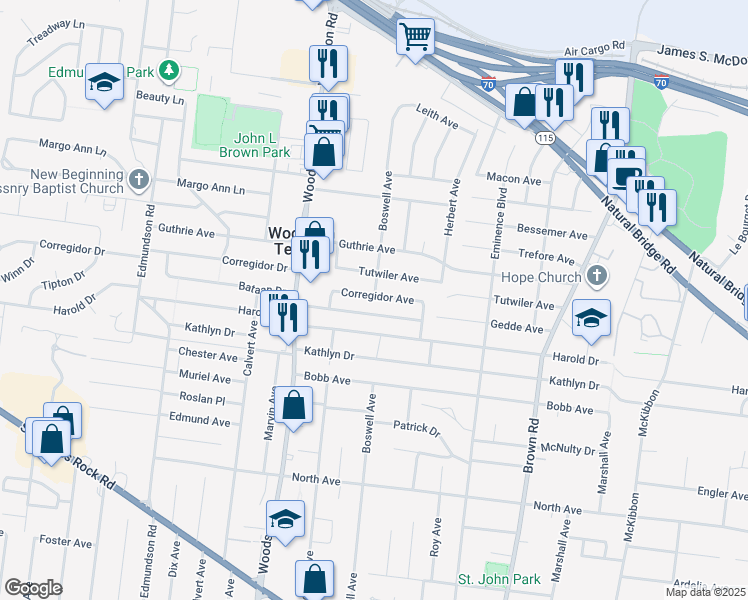 map of restaurants, bars, coffee shops, grocery stores, and more near 9236 Corregidor Avenue in St. Louis