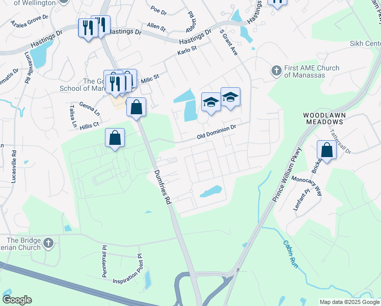map of restaurants, bars, coffee shops, grocery stores, and more near 8838 Englewood Farms Drive in Manassas