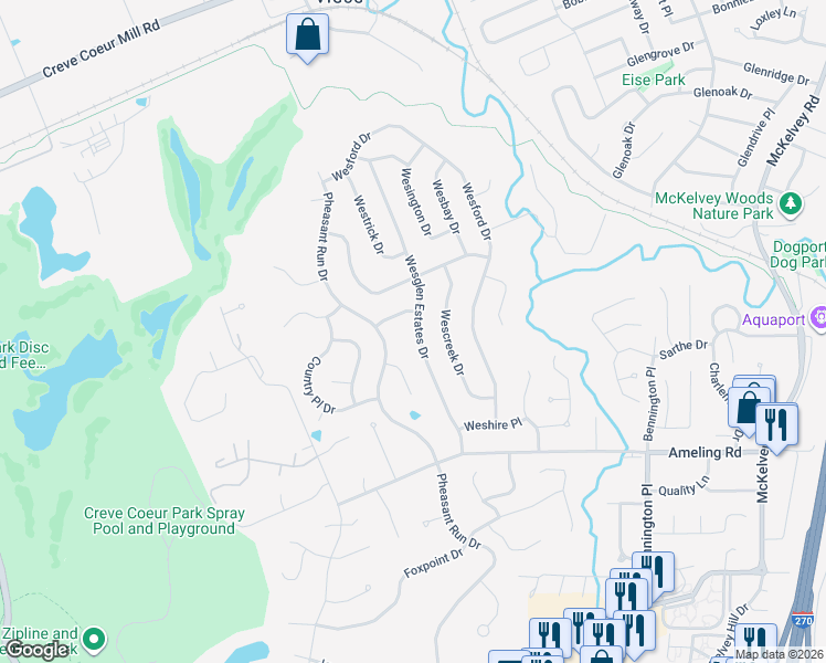 map of restaurants, bars, coffee shops, grocery stores, and more near 2387 Wesglen Estates Drive in Maryland Heights