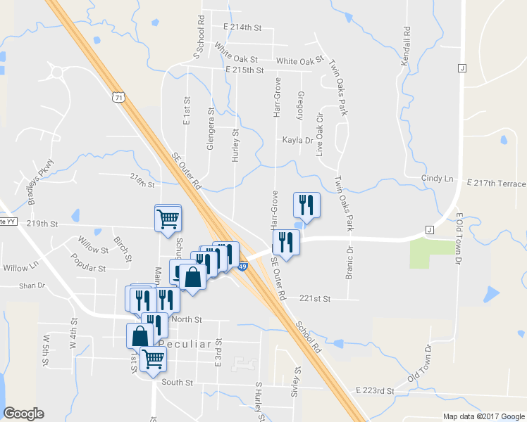 map of restaurants, bars, coffee shops, grocery stores, and more near 721 Harr-Grove in Peculiar