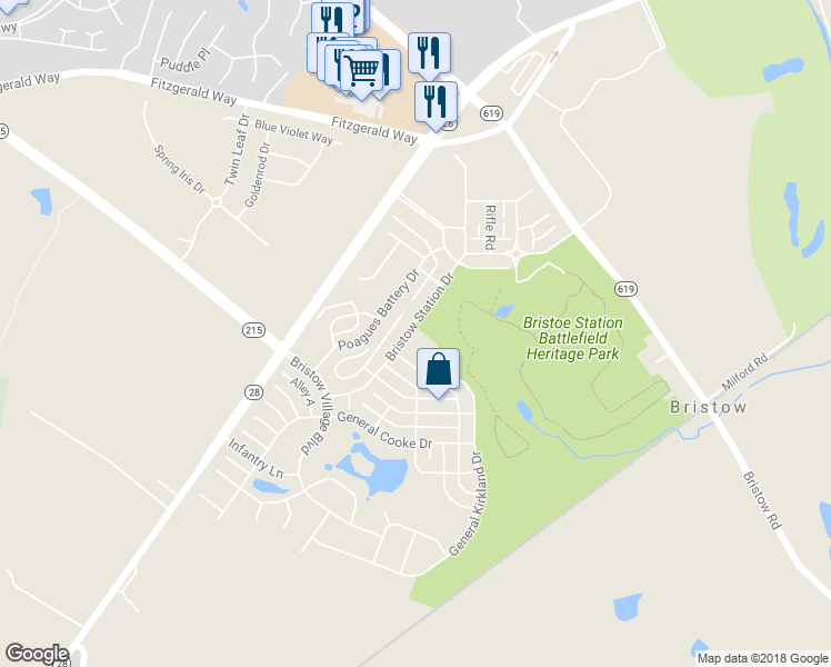 map of restaurants, bars, coffee shops, grocery stores, and more near 10607 Bristow Station Drive in Bristow