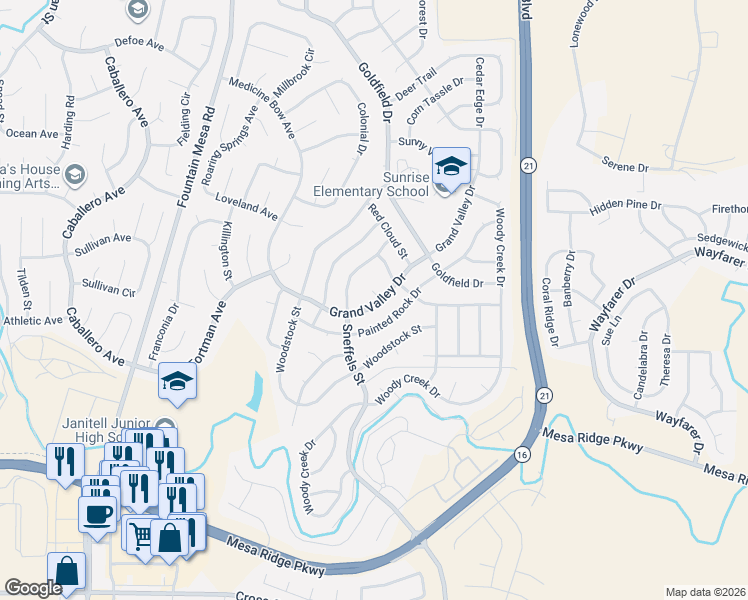 map of restaurants, bars, coffee shops, grocery stores, and more near 7320 Grand Valley Drive in Colorado Springs