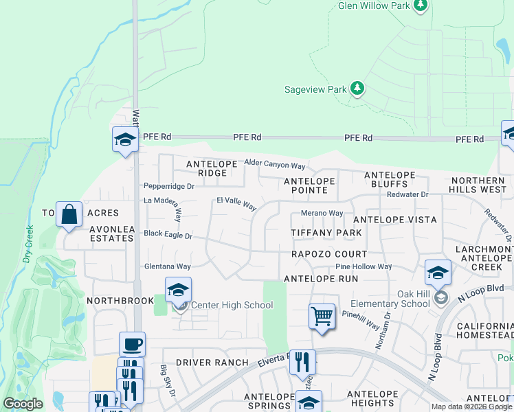 map of restaurants, bars, coffee shops, grocery stores, and more near 3353 El Valle Way in Antelope