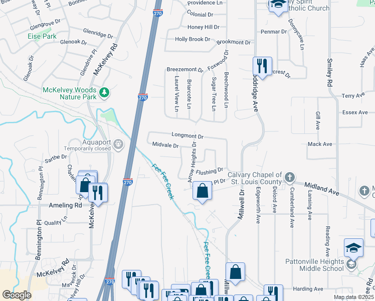 map of restaurants, bars, coffee shops, grocery stores, and more near 2738 Arrow Heights Drive in Maryland Heights