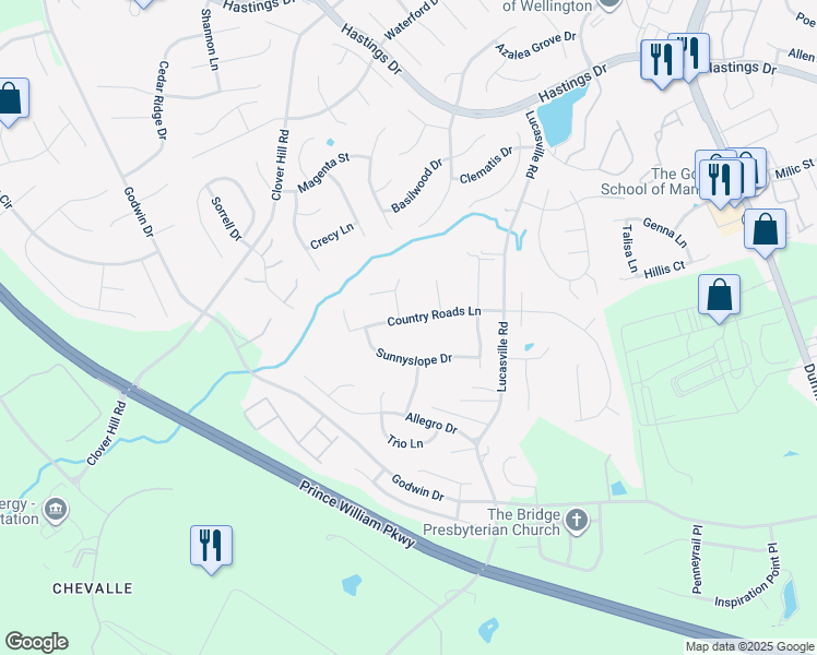 map of restaurants, bars, coffee shops, grocery stores, and more near 9519 Country Roads Lane in Manassas