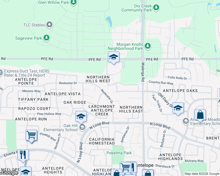 map of restaurants, bars, coffee shops, grocery stores, and more near 8508 Chamonix Court in Antelope