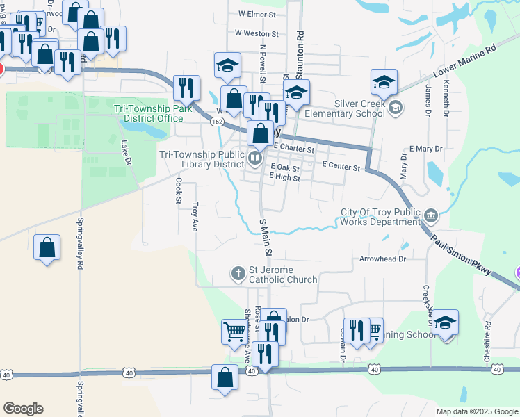 map of restaurants, bars, coffee shops, grocery stores, and more near 414 South Main Street in Troy