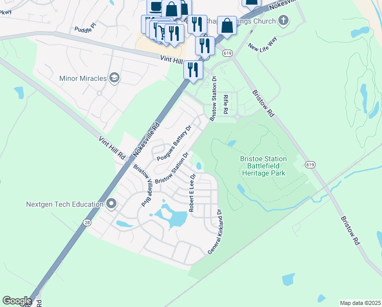 map of restaurants, bars, coffee shops, grocery stores, and more near 10607 Bristow Station Drive in Bristow